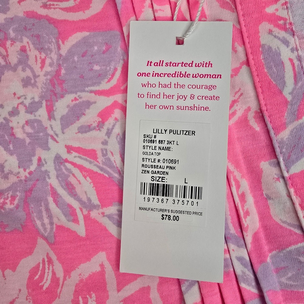 Lilly Pulitzer Golda Top Rousseau Pink Zen Garden Floral Ruffle Top Large NWT - Picture 7 of 9
